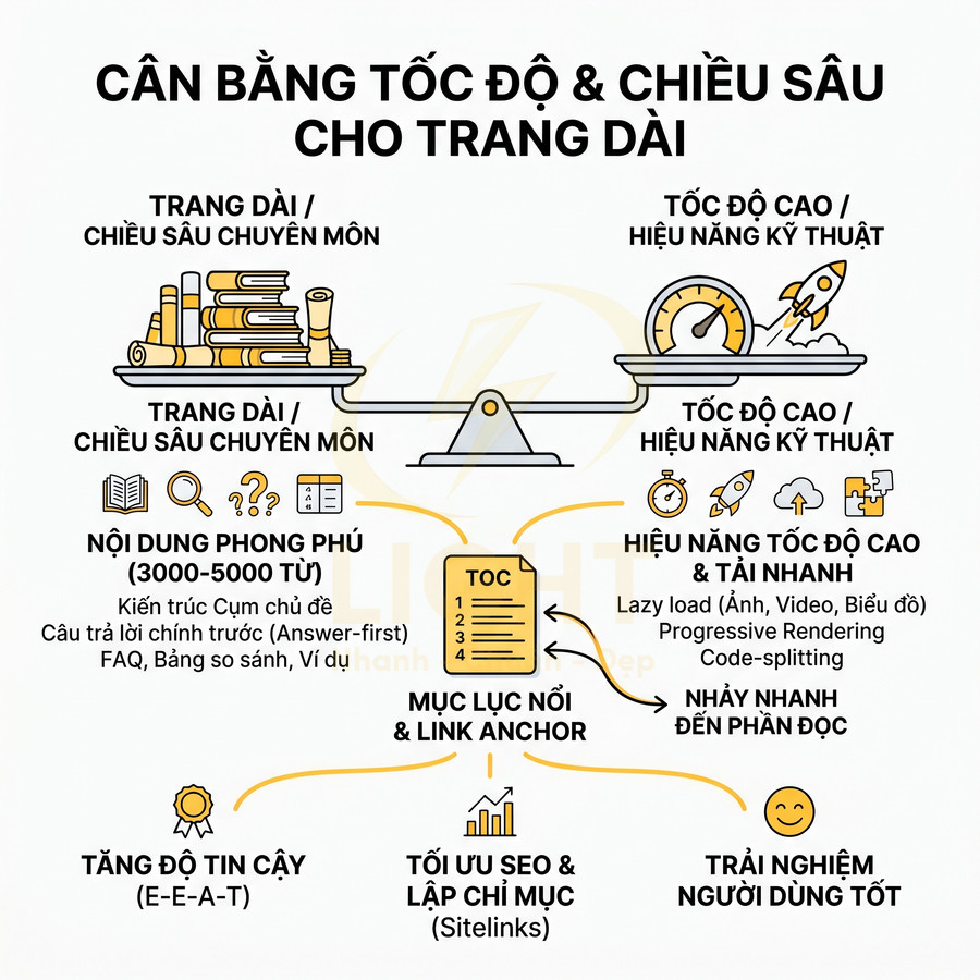 Minh họa cân bằng tốc độ tải trang và chiều sâu nội dung SEO cho bài viết dài trên website