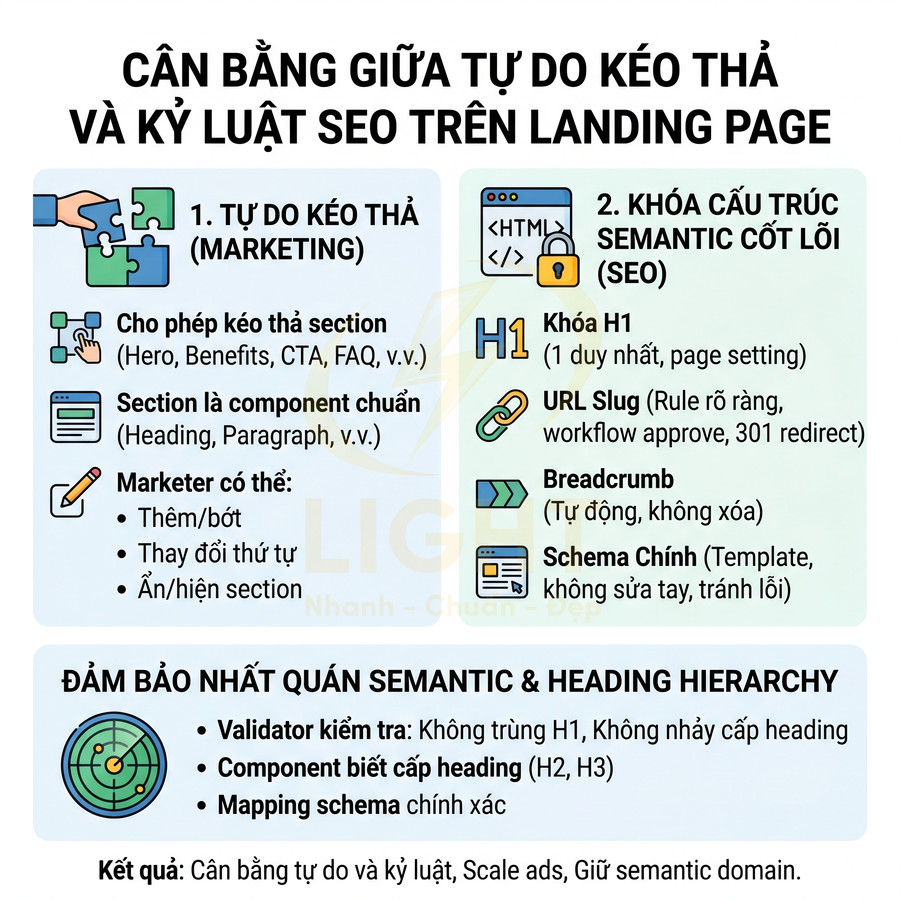 Infographic hướng dẫn cân bằng tự do kéo thả và kỷ luật SEO semantic trên landing page