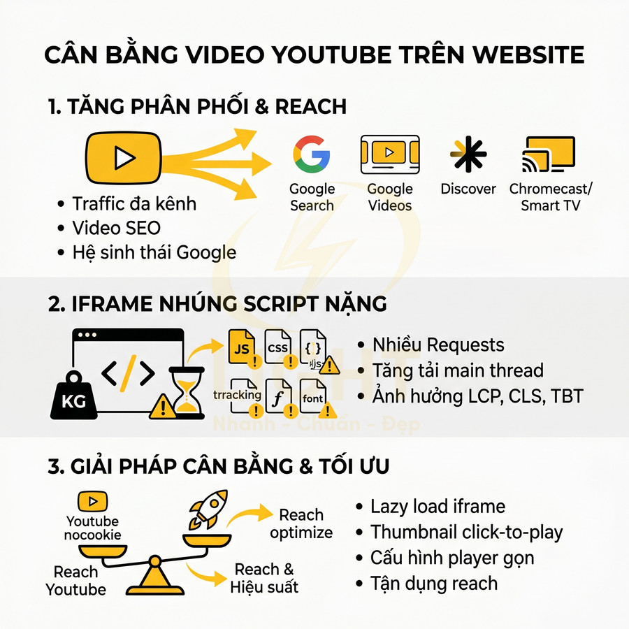 Infographic hướng dẫn cân bằng nhúng video YouTube trên website để tăng reach và tối ưu hiệu suất tải trang