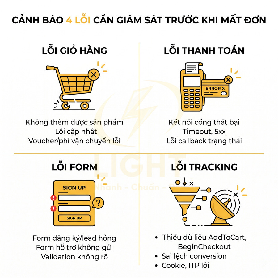 Infographic cảnh báo 4 lỗi cần giám sát trong giỏ hàng, thanh toán, form và tracking cho website bán hàng online