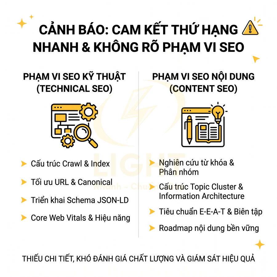 Cảnh báo cam kết thứ hạng nhanh, so sánh phạm vi SEO kỹ thuật và SEO nội dung với các hạng mục tối ưu chi tiết