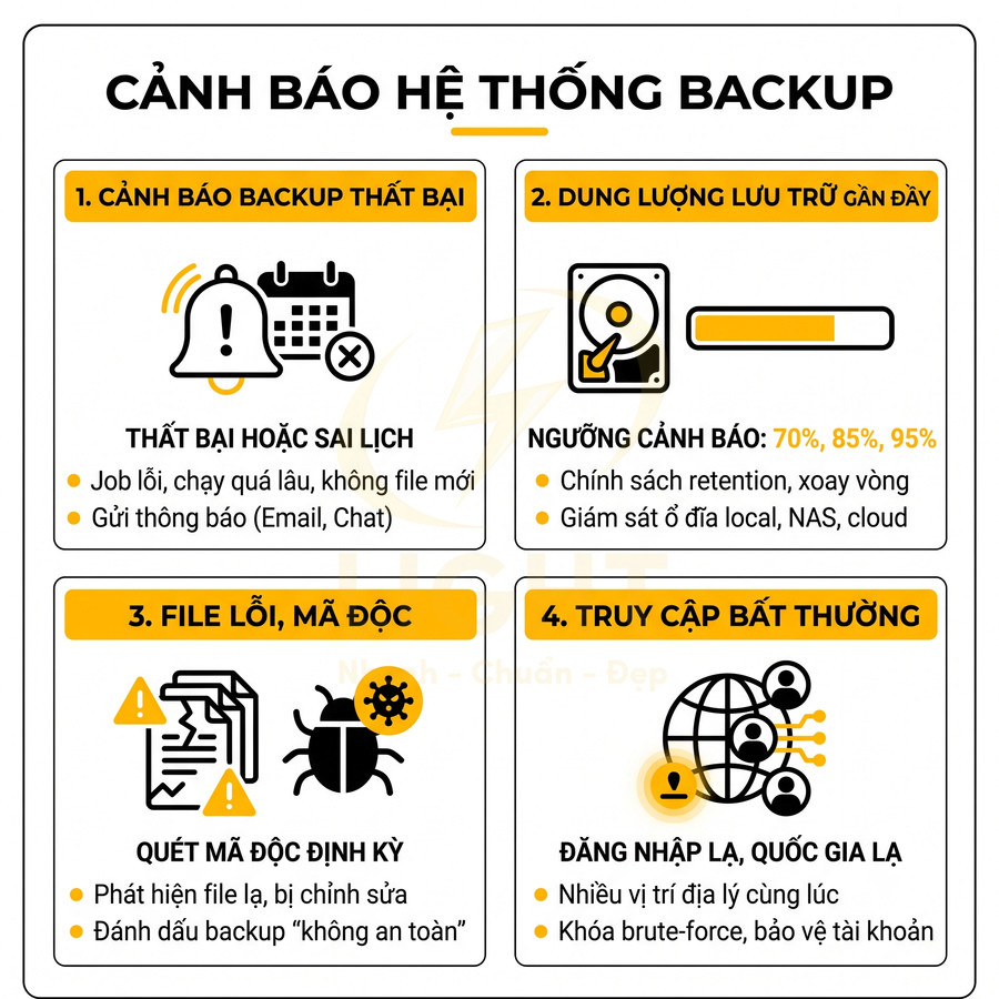 Infographic cảnh báo hệ thống backup với các lỗi backup thất bại, đầy dung lượng, file mã độc và truy cập bất thường