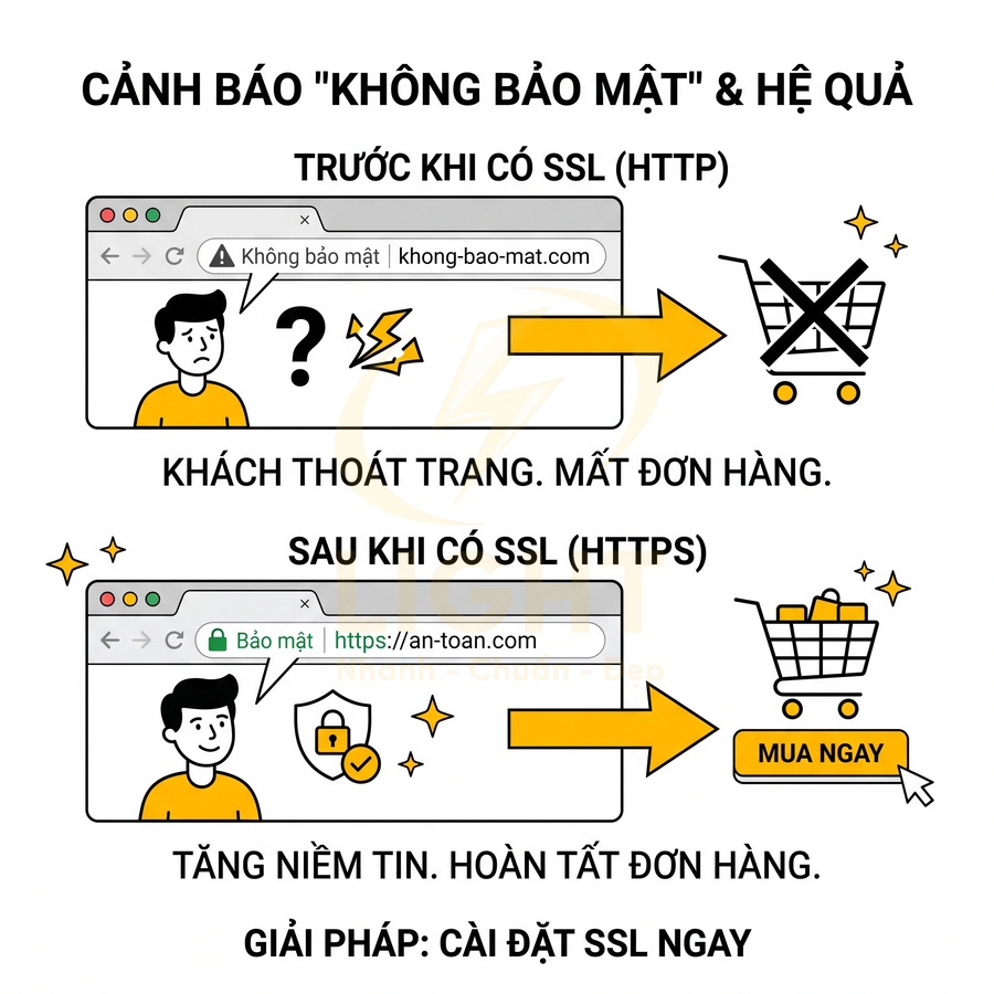 Minh họa lợi ích cài đặt chứng chỉ SSL HTTPS giúp tăng bảo mật website và tăng tỉ lệ hoàn tất đơn hàng