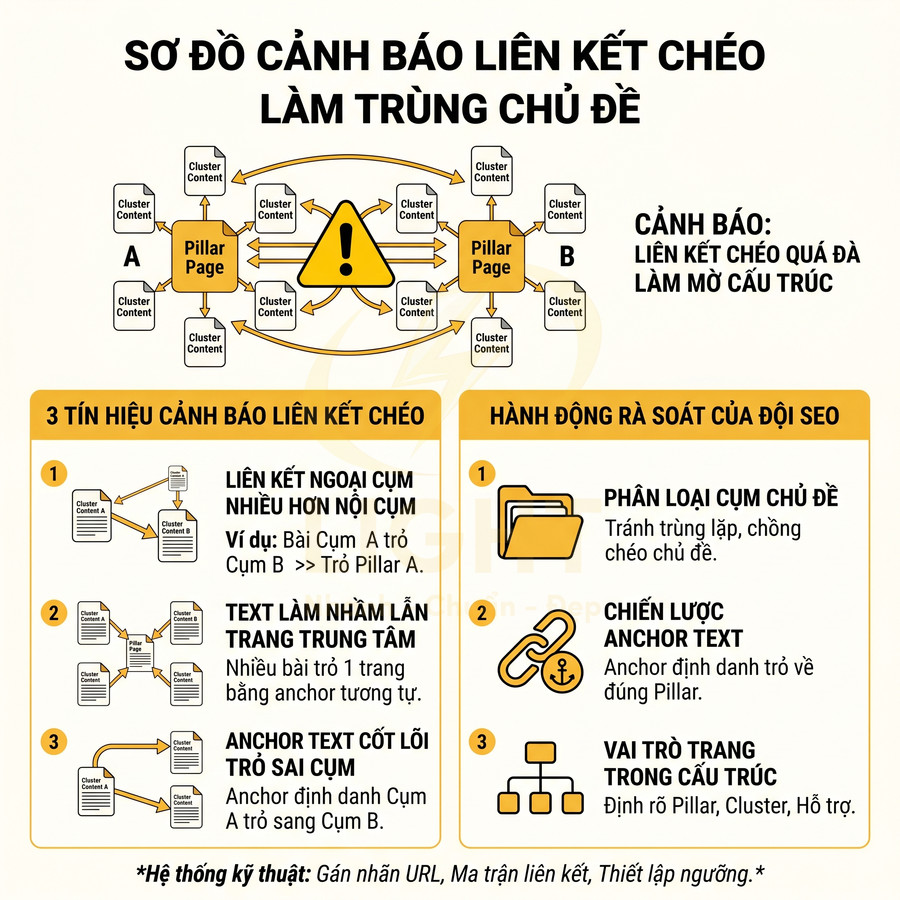 Infographic cảnh báo liên kết chéo làm trùng chủ đề nội dung và hướng dẫn kiểm soát anchor text trong SEO