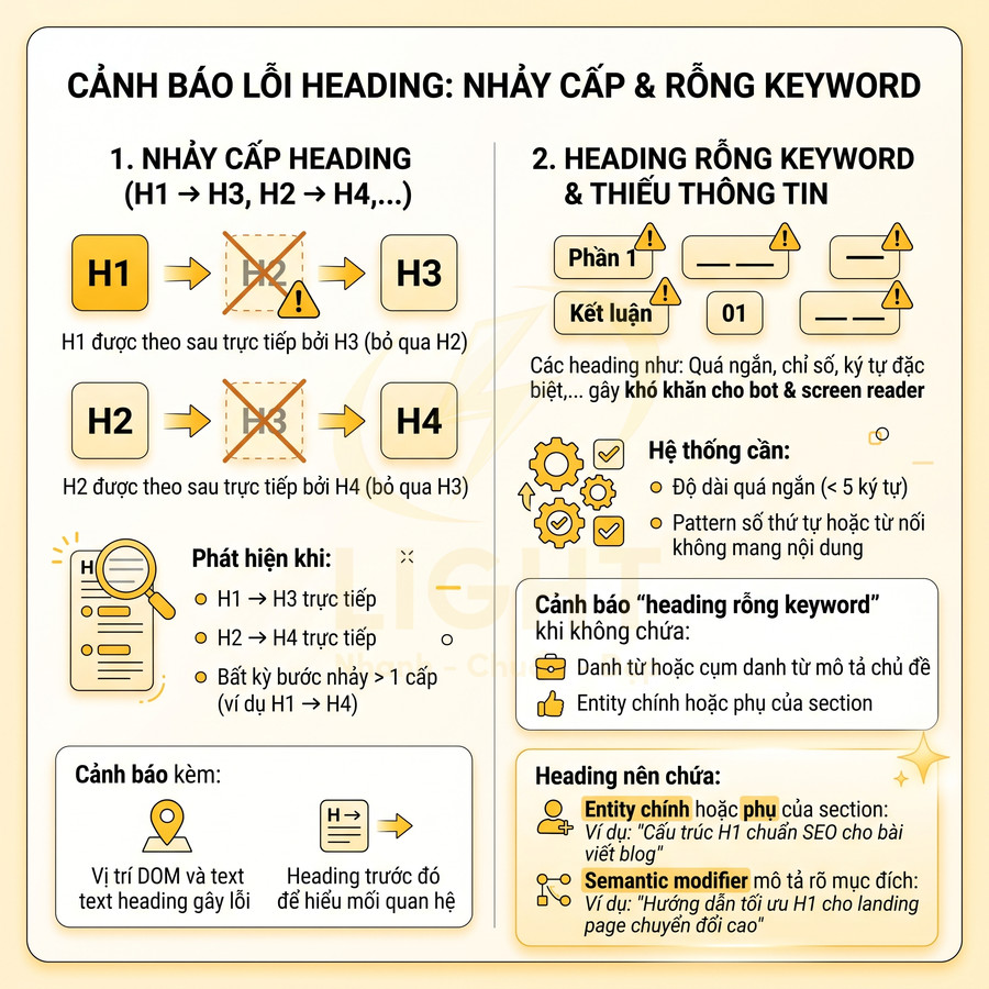 Hướng dẫn cảnh báo lỗi heading nhảy cấp và heading rỗng keyword trong tối ưu SEO onpage