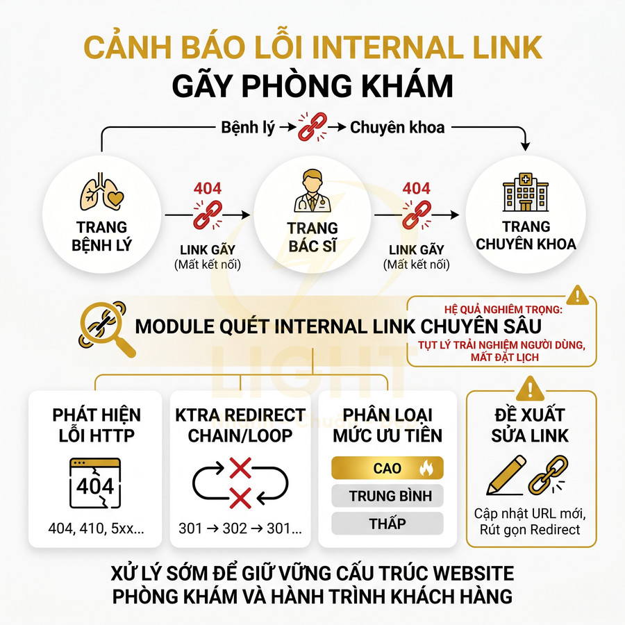 Infographic cảnh báo lỗi internal link cho website phòng khám và quy trình quét, phát hiện, đề xuất sửa link hỏng