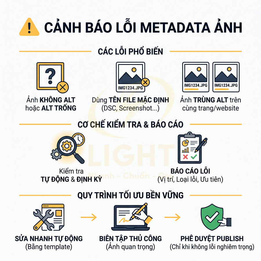Infographic cảnh báo lỗi metadata ảnh và quy trình kiểm tra tối ưu thẻ alt trên website