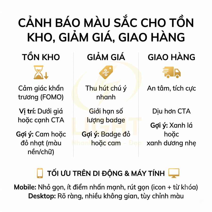 Hướng dẫn dùng màu sắc cho badge tồn kho, giảm giá, giao hàng và tối ưu hiển thị trên mobile, desktop