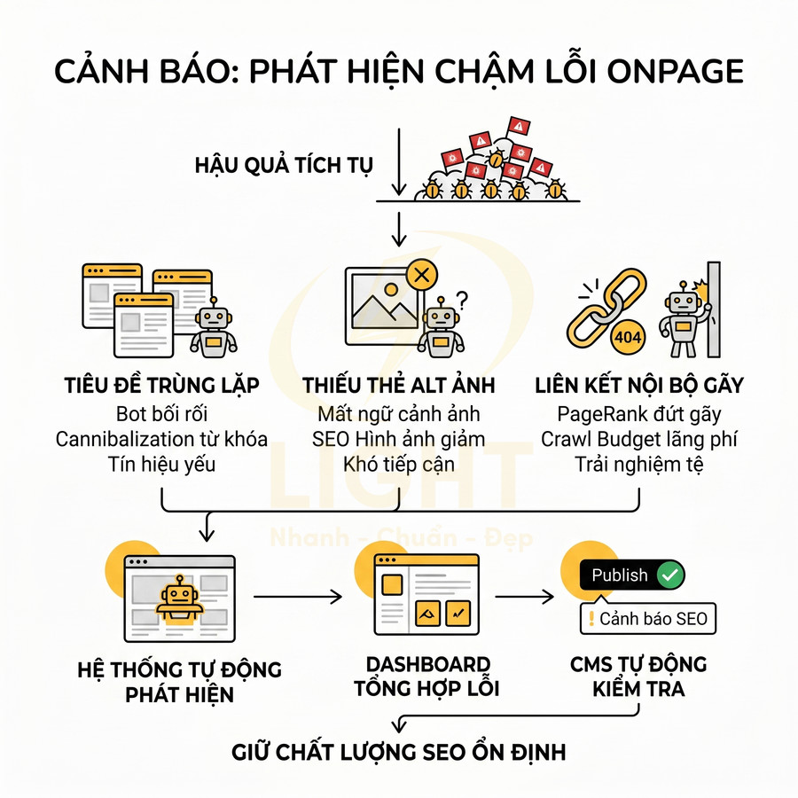 Infographic cảnh báo phát hiện chậm lỗi onpage và hệ thống tự động kiểm tra giữ chất lượng SEO ổn định