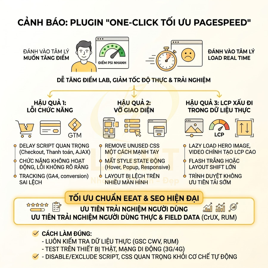 Cảnh báo rủi ro khi dùng plugin one click tối ưu PageSpeed và hướng dẫn tối ưu SEO chuẩn EEAT