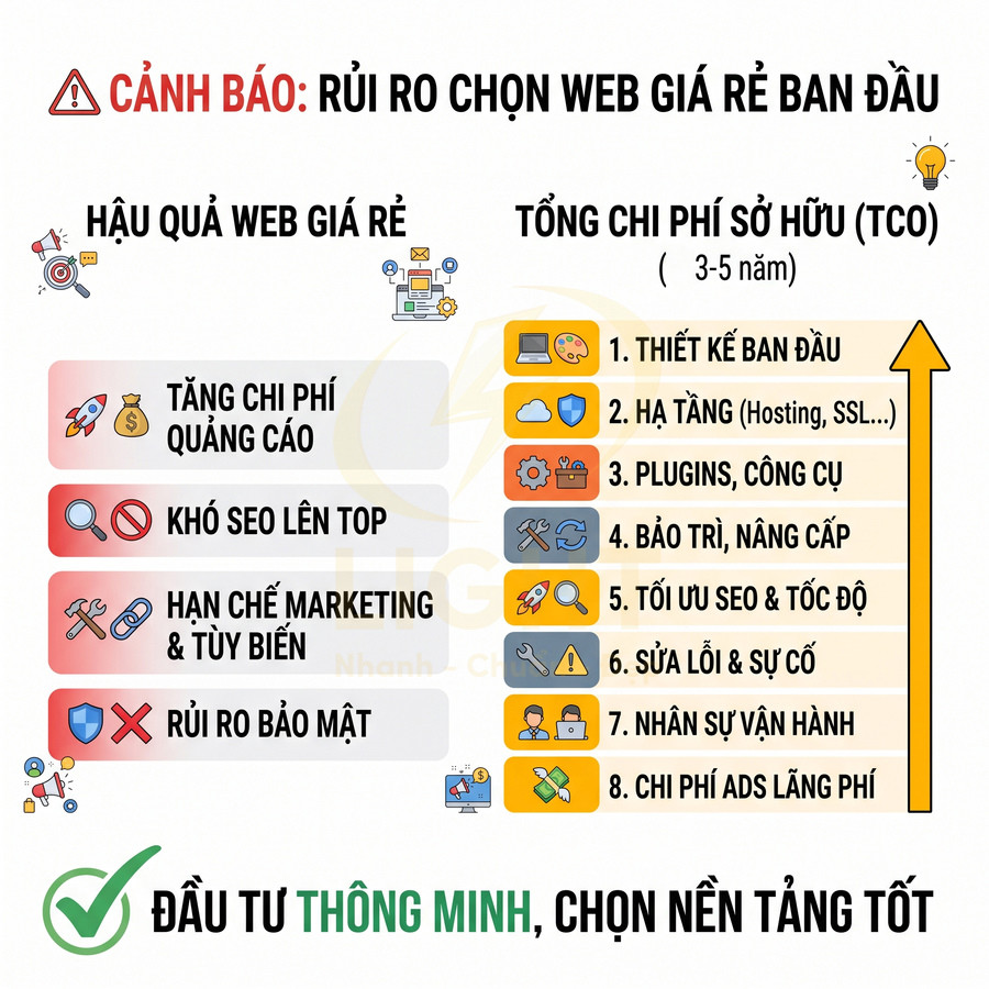 Cảnh báo rủi ro chọn web giá rẻ, liệt kê hậu quả và chi phí sở hữu, khuyến nghị đầu tư nền tảng website tốt