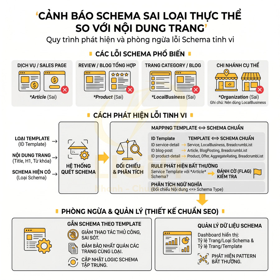 Infographic quy trình phát hiện và phòng ngừa lỗi schema sai loại thực thể so với nội dung trang SEO