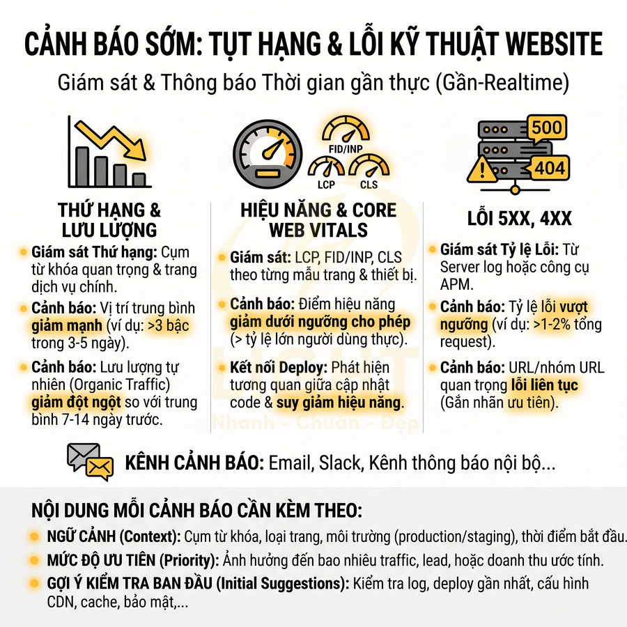 Infographic cảnh báo sớm tụt hạng và lỗi kỹ thuật website, giám sát thứ hạng, Core Web Vitals và lỗi 5xx 4xx