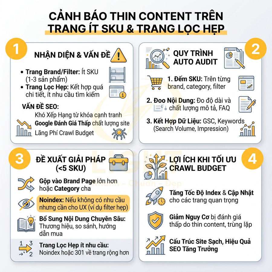 Infographic cảnh báo thin content trên trang ít SKU và trang lọc hẹp, quy trình audit và giải pháp tối ưu SEO