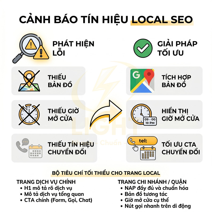 Hướng dẫn tối ưu Local SEO với cảnh báo thiếu bản đồ, giờ mở cửa, CTA và giải pháp tích hợp Google Maps, hiển thị giờ, nút gọi
