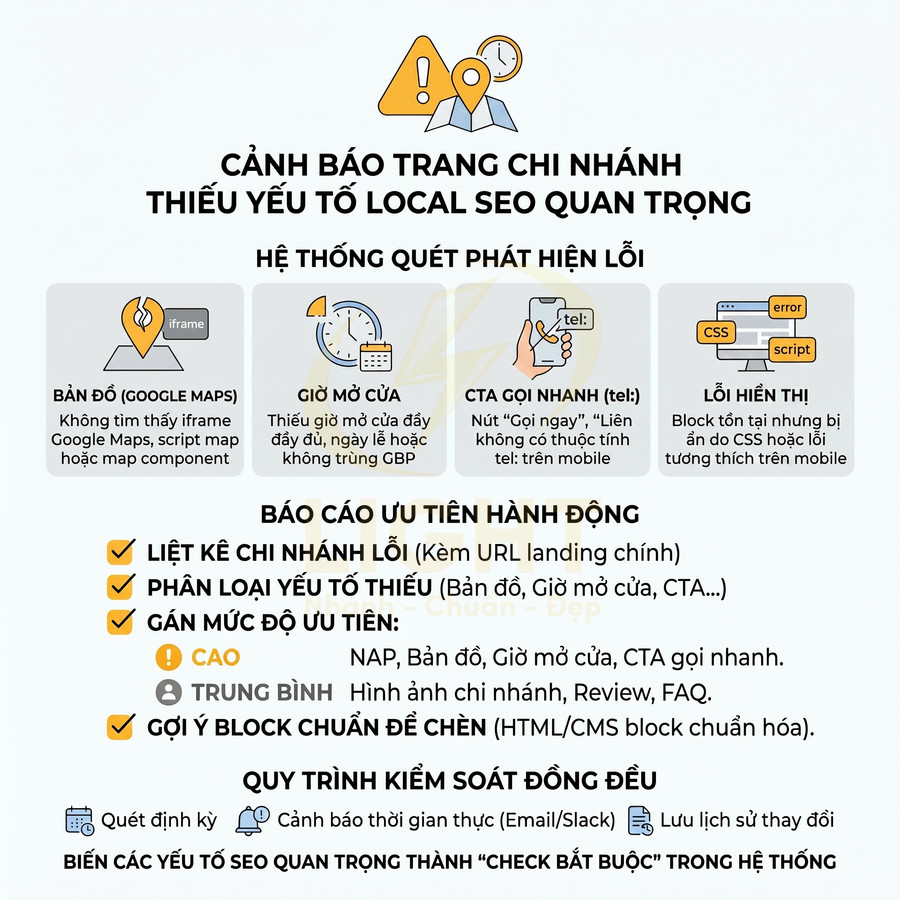 Mô tả hệ thống cảnh báo thiếu yếu tố Local SEO cho trang chi nhánh với bản đồ, giờ mở cửa, CTA và lỗi hiển thị