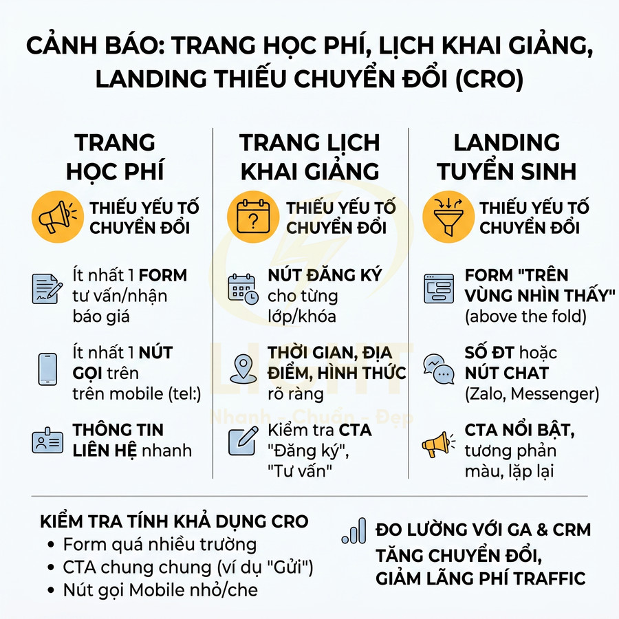 Checklist CRO cho trang học phí, lịch khai giảng, landing tuyển sinh với form, CTA, nút gọi và chat tối ưu chuyển đổi