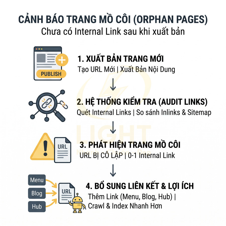 Quy trình xử lý trang mồ côi trong SEO gồm xuất bản trang mới, audit internal link và bổ sung liên kết