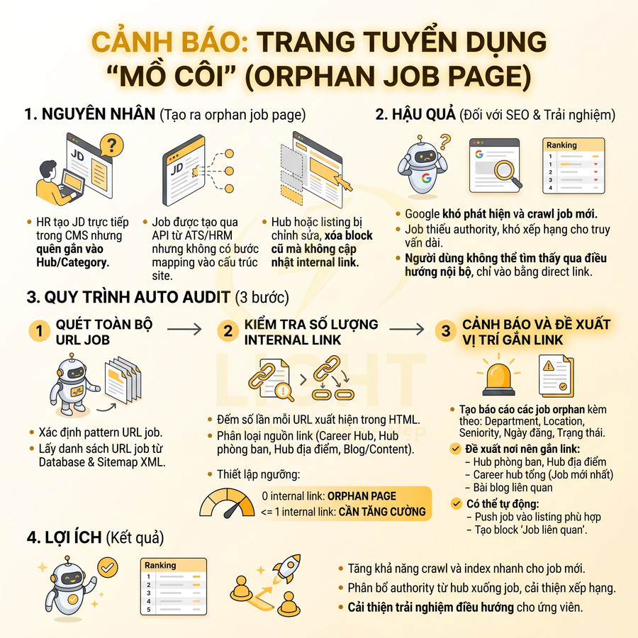 Infographic cảnh báo trang tuyển dụng mồ côi orphan job page và quy trình auto audit internal link cho website tuyển dụng