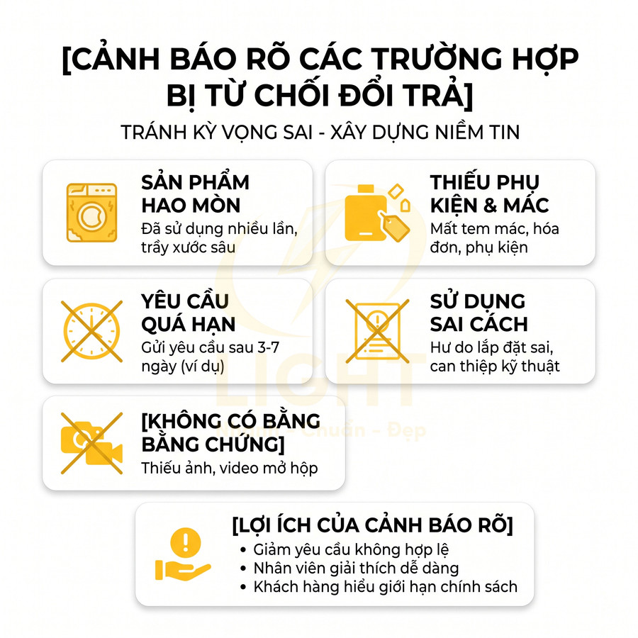 Infographic cảnh báo các trường hợp sản phẩm bị từ chối đổi trả và lợi ích của việc thông báo rõ ràng