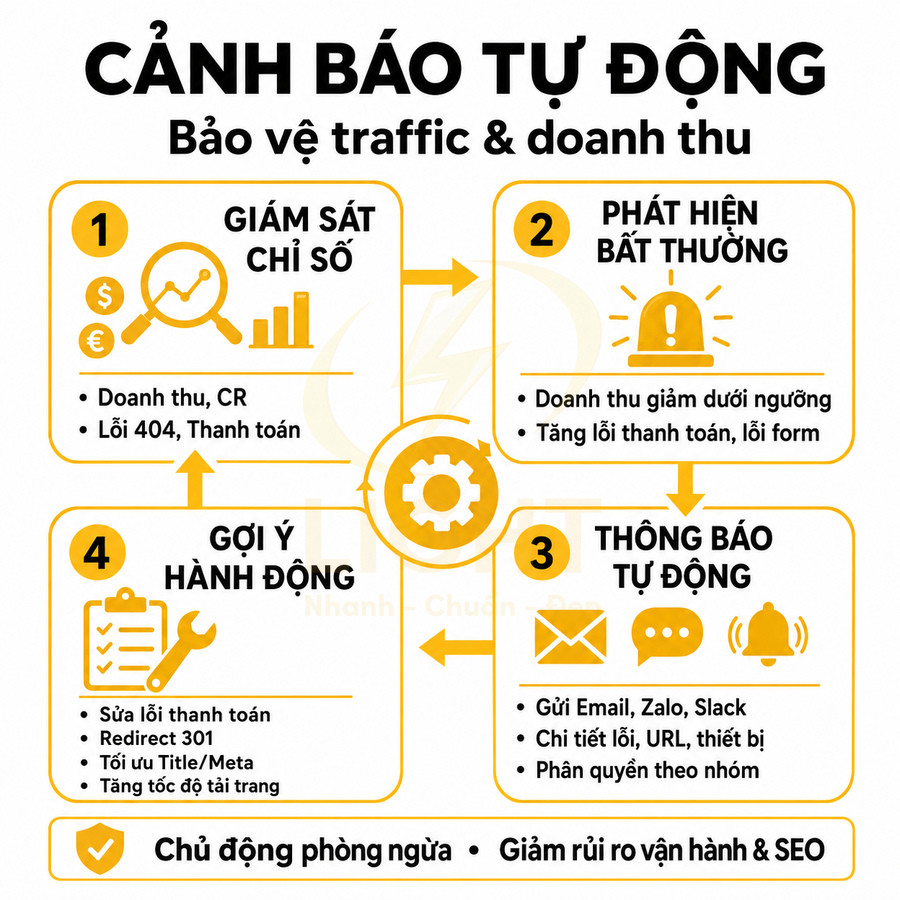 Giải pháp cảnh báo tự động bảo vệ traffic và doanh thu với giám sát chỉ số, phát hiện bất thường, thông báo và gợi ý hành động