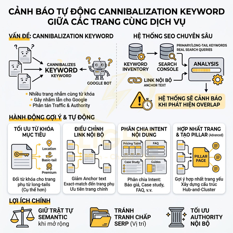 Infographic hệ thống SEO cảnh báo tự động cannibalization keyword và gợi ý tối ưu nội dung, liên kết nội bộ
