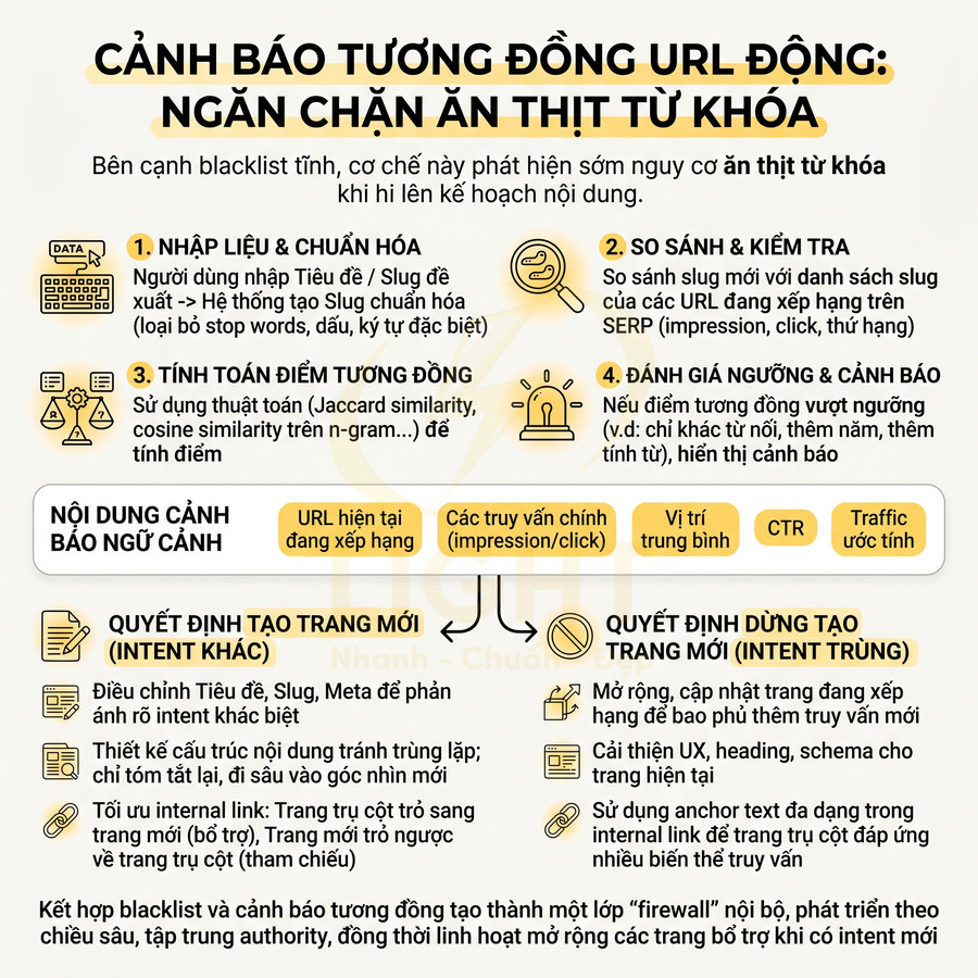 Infographic quy trình cảnh báo trùng lặp URL động để ngăn chặn ăn thịt từ khóa trong SEO