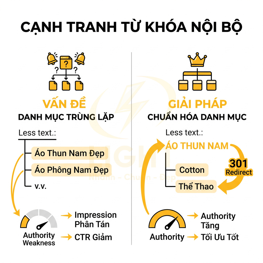Minh họa SEO cạnh tranh từ khóa nội bộ với vấn đề danh mục trùng lặp và giải pháp chuẩn hóa, redirect 301