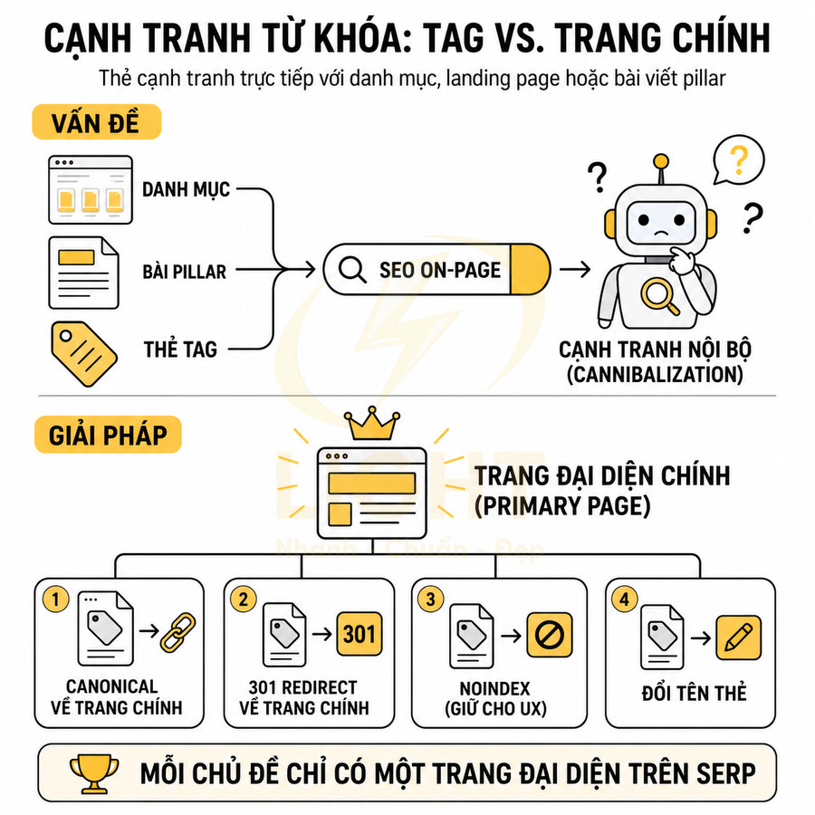 Infographic hướng dẫn xử lý cạnh tranh từ khóa giữa tag và trang chính trong SEO onpage