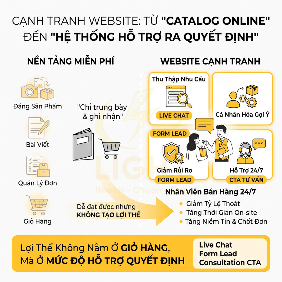 Infographic so sánh website bán hàng cơ bản và website cạnh tranh với live chat, form lead, hỗ trợ tư vấn 24/7