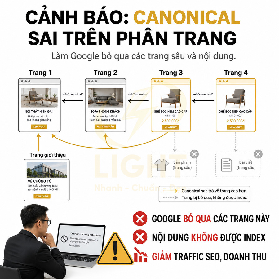 Cảnh báo lỗi canonical trên phân trang website bán ghế sofa nội thất làm Google bỏ qua trang sản phẩm sâu
