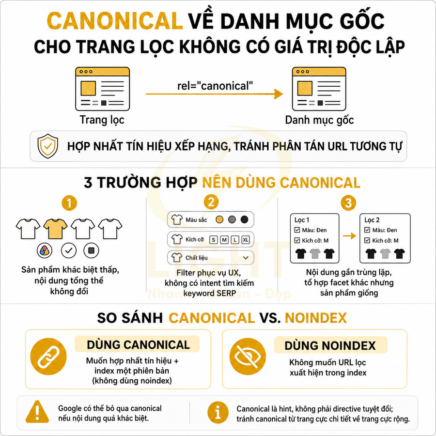 Hướng dẫn dùng thẻ canonical cho trang lọc danh mục gốc và so sánh canonical với noindex trong SEO
