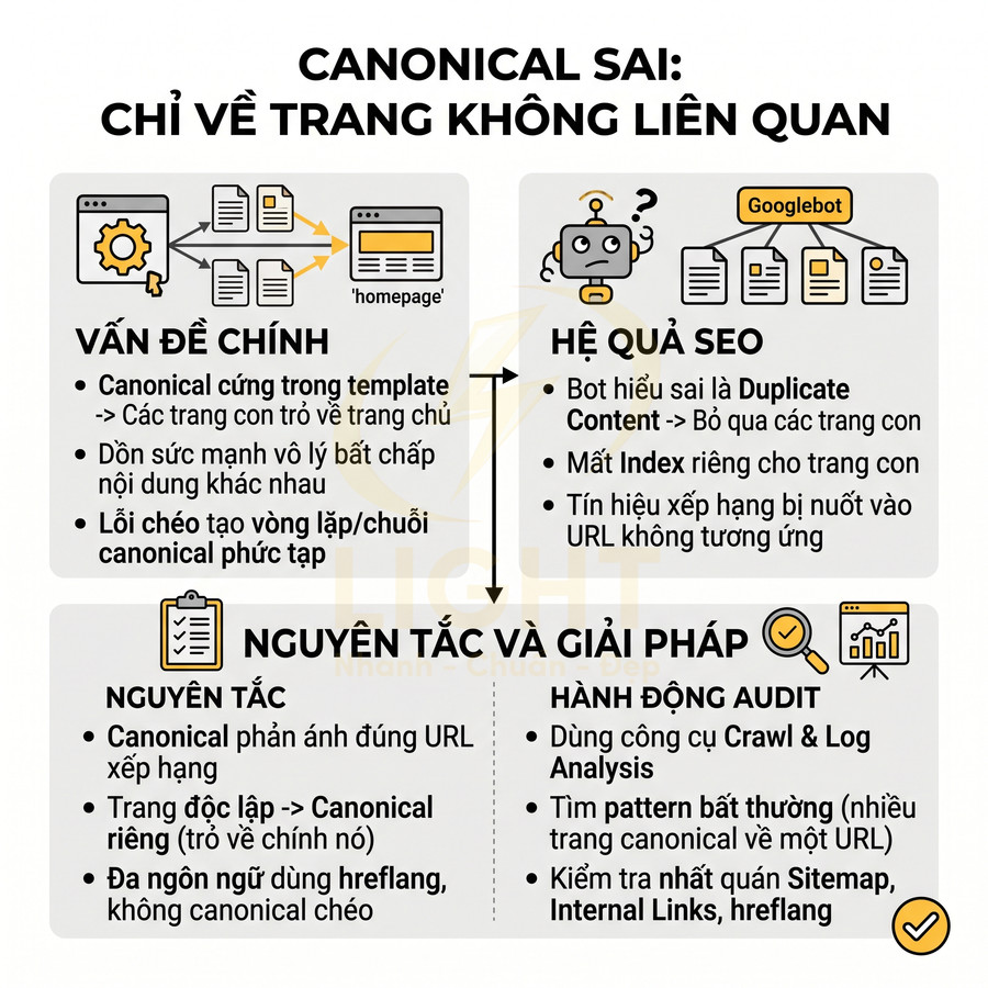 Infographic giải thích lỗi canonical sai về trang không liên quan và nguyên tắc, giải pháp tối ưu SEO