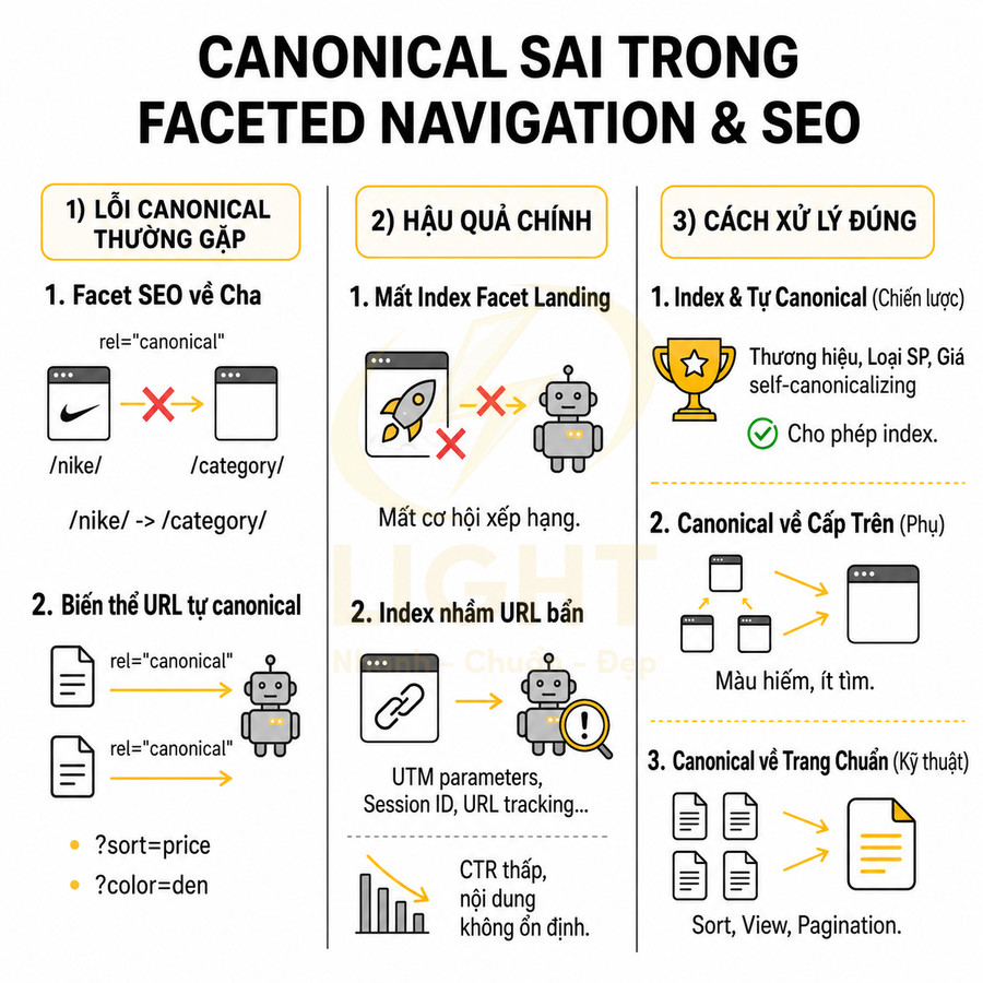 Infographic giải thích lỗi canonical trong faceted navigation và SEO cùng hậu quả và cách xử lý đúng