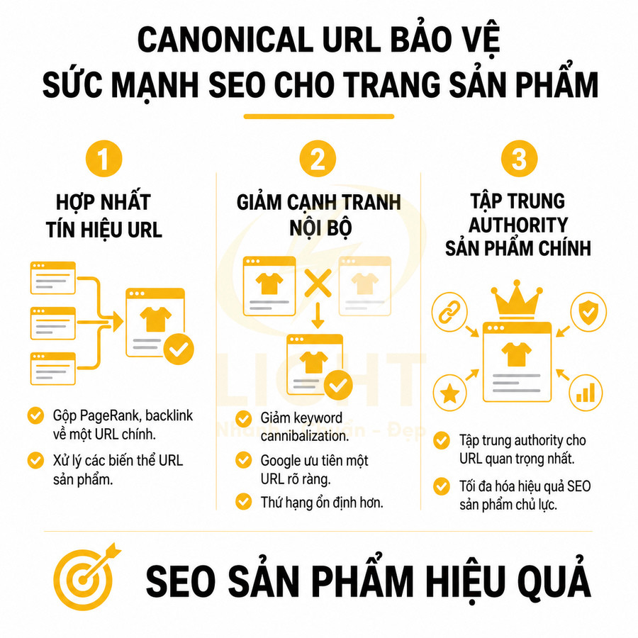 Hướng dẫn lợi ích canonical URL giúp hợp nhất tín hiệu, giảm cạnh tranh nội bộ và tăng authority SEO cho trang sản phẩm