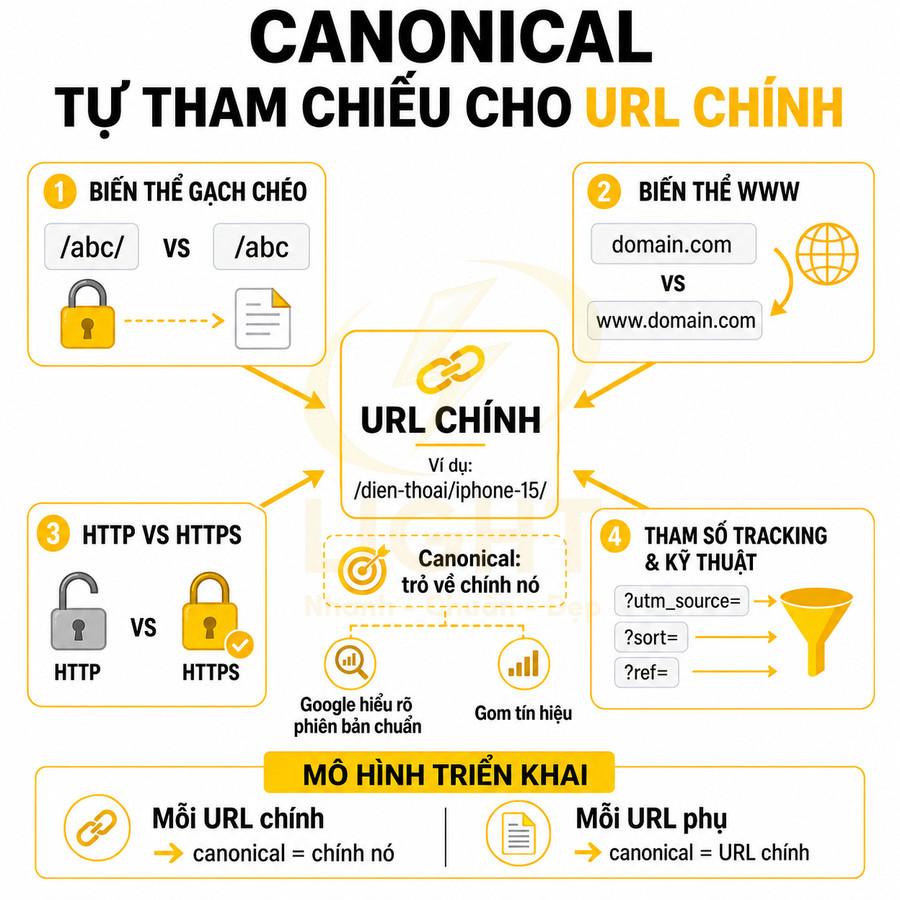 Sơ đồ giải thích cách dùng thẻ canonical tự tham chiếu cho URL chính trong SEO với các biến thể URL khác nhau