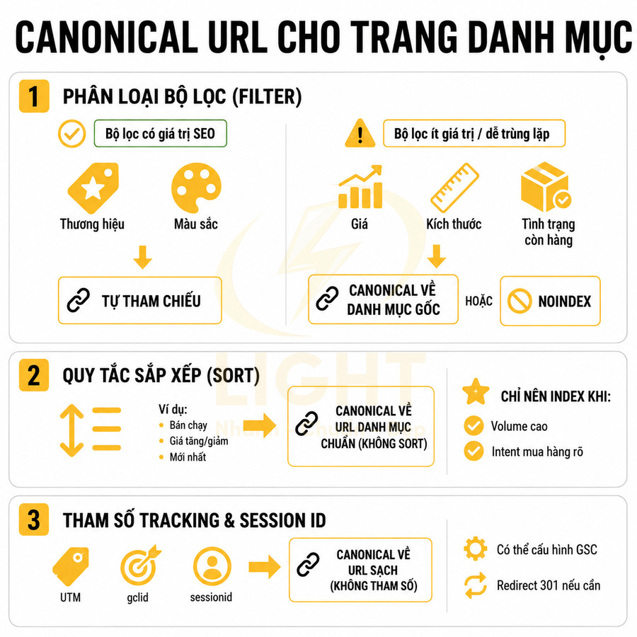 Hướng dẫn thiết lập canonical URL cho trang danh mục với bộ lọc, sắp xếp và tham số tracking trong SEO