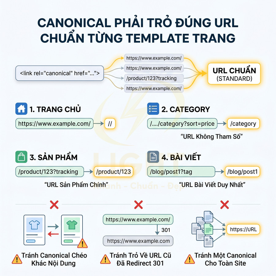 Hướng dẫn thiết lập thẻ canonical đúng URL chuẩn cho trang chủ, category, sản phẩm và bài viết trong SEO website