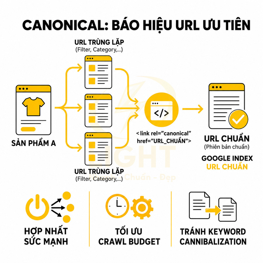 Minh họa cách dùng thẻ canonical hợp nhất URL trùng lặp về một URL chuẩn trong SEO website