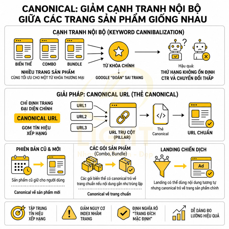 Infographic hướng dẫn dùng thẻ canonical URL để giảm cạnh tranh nội bộ giữa các trang sản phẩm giống nhau trong SEO