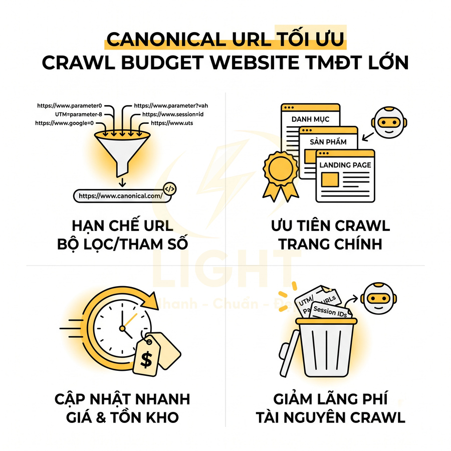 Minh họa lợi ích dùng canonical URL tối ưu crawl budget cho website thương mại điện tử lớn