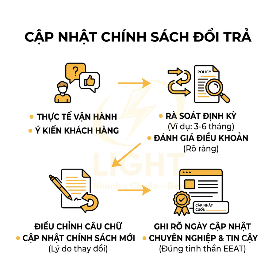 Quy trình cập nhật chính sách đổi trả với các bước thu thập ý kiến, rà soát, điều chỉnh và ghi rõ ngày cập nhật