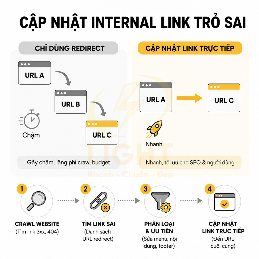 Hướng dẫn tối ưu internal link SEO bằng cách cập nhật link trực tiếp thay vì chỉ dùng redirect
