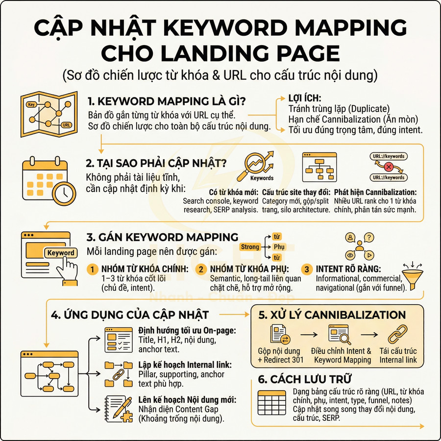 Hướng dẫn cập nhật keyword mapping cho landing page với các bước gán từ khóa, xử lý cannibalization và tối ưu cấu trúc nội dung
