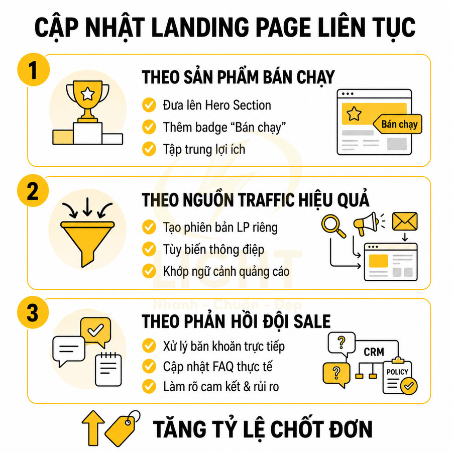Hướng dẫn tối ưu landing page theo sản phẩm bán chạy, nguồn traffic và phản hồi đội sale để tăng tỷ lệ chốt đơn