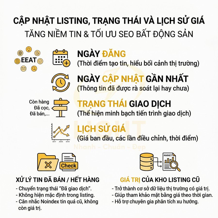 Hướng dẫn cập nhật listing, trạng thái giao dịch và lịch sử giá để tăng niềm tin và tối ưu SEO bất động sản