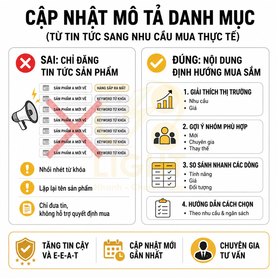 Infographic hướng dẫn cập nhật mô tả danh mục sản phẩm chuẩn SEO, tập trung nội dung định hướng mua sắm