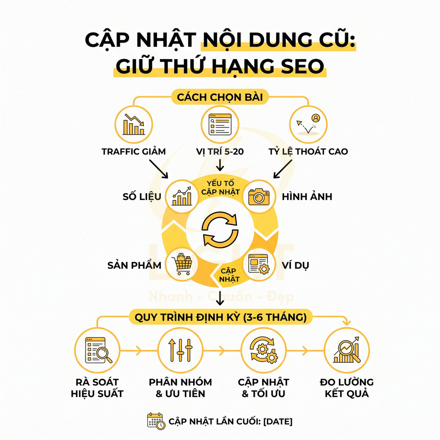 Infographic quy trình cập nhật nội dung cũ để giữ thứ hạng SEO với các bước rà soát, tối ưu và đo lường kết quả