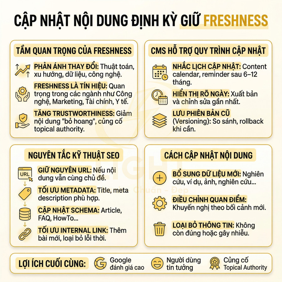 Hướng dẫn cập nhật nội dung định kỳ giữ freshness, nguyên tắc kỹ thuật SEO và lợi ích cho website