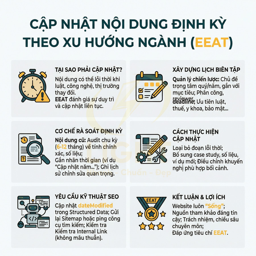 Infographic hướng dẫn cập nhật nội dung định kỳ theo xu hướng ngành để cải thiện E-E-A-T và kỹ thuật SEO cho website
